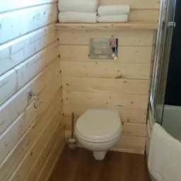 Nowoczesna toaleta z drewnianą boazerią, podwieszana miska WC, chromowany przycisk spłukujący i brązowa podłoga imitująca drewno.