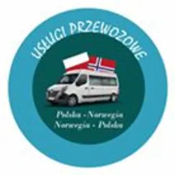 Logo firmy: biały bus z flagami Polski i Norwegii na dachu, otoczony niebieskim okręgiem z napisem 'Usługi przewozowe' oraz 'Polska - Norwegia, Norwegia - Polska'.