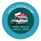 Logo firmy: biały bus z flagami Polski i Norwegii na dachu, otoczony niebieskim okręgiem z napisem 'Usługi przewozowe' oraz 'Polska - Norwegia, Norwegia - Polska'.