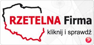 Logo 'Rzetelna Firma' z mapą Polski, zachęcające do sprawdzenia szczegółów. Czerwono-czarny napis na białym tle z subtelnym geometrycznym wzorem.