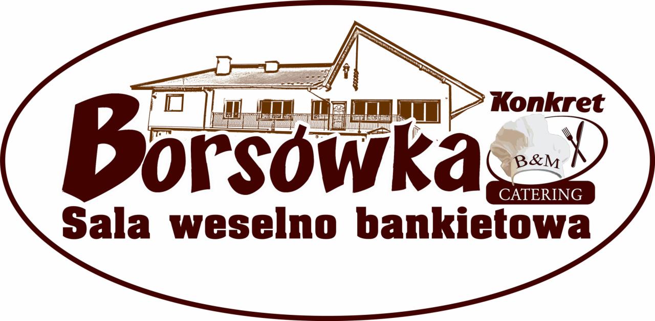 Brązowe logo firmy cateringowej 'Borsówka' z rysunkiem budynku sali weselno-bankietowej i elementami graficznymi: kucharz w czapce, widelec i nóż.