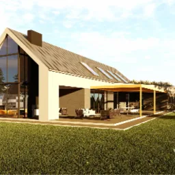 Wizualizacja nowoczesnego domu jednorodzinnego z dużym przeszkleniem frontowym i tarasem z pergolą, otoczony zielonym trawnikiem i drzewami.