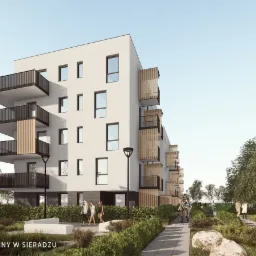 Wizualizacja budynku wielorodzinnego w Sieradzu z nowoczesną architekturą, minimalistyczną elewacją w jasnym odcieniu i balkonami z drewnianymi panelami, otoczonego zielenią i alejkami spacerowymi.