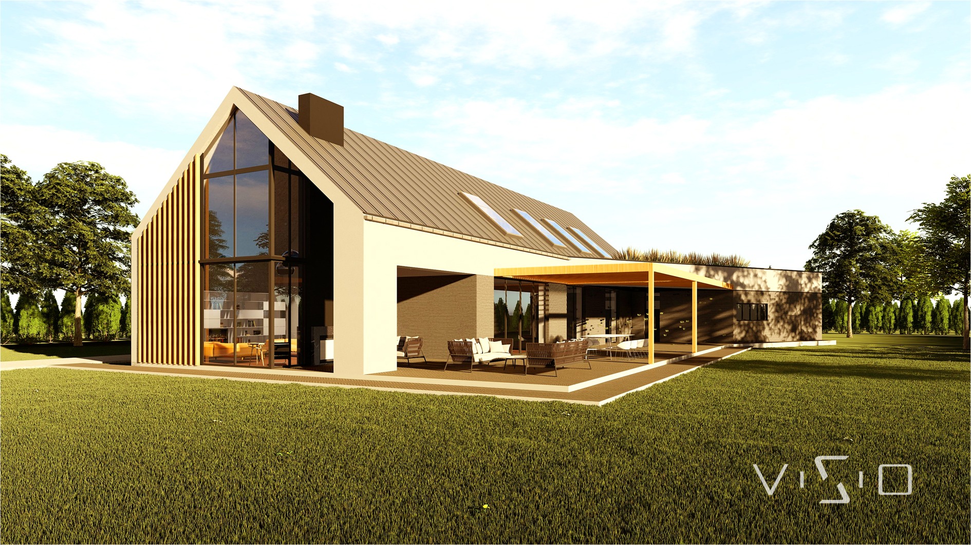 Wizualizacja nowoczesnego domu jednorodzinnego z dużym przeszkleniem frontowym i tarasem z pergolą, otoczony zielonym trawnikiem i drzewami.