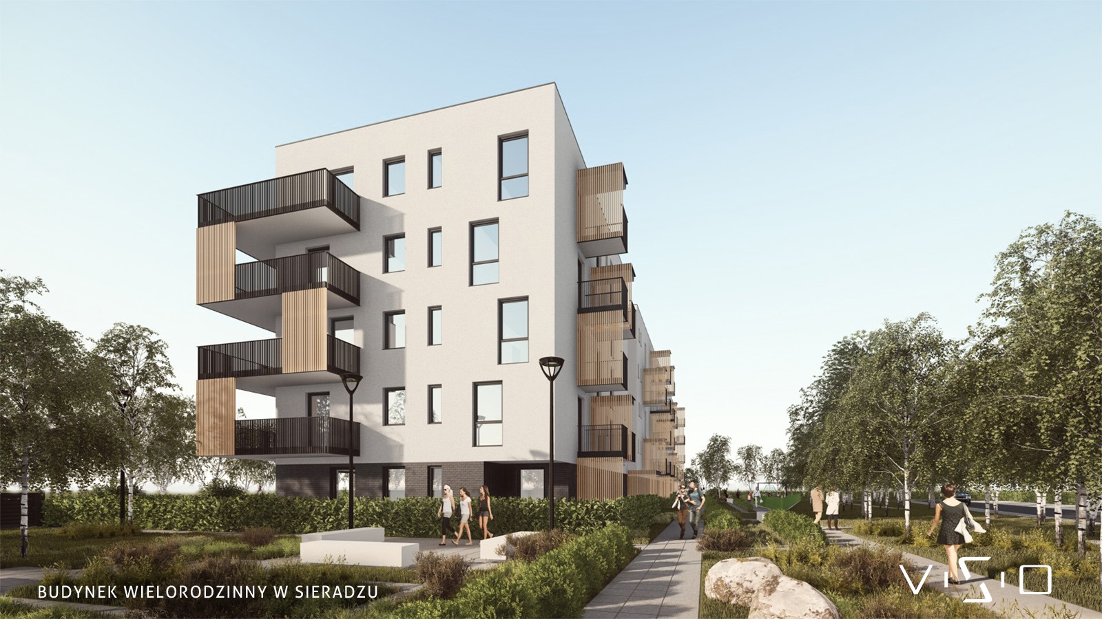 Wizualizacja budynku wielorodzinnego w Sieradzu z nowoczesną architekturą, minimalistyczną elewacją w jasnym odcieniu i balkonami z drewnianymi panelami, otoczonego zielenią i alejkami spacerowymi.