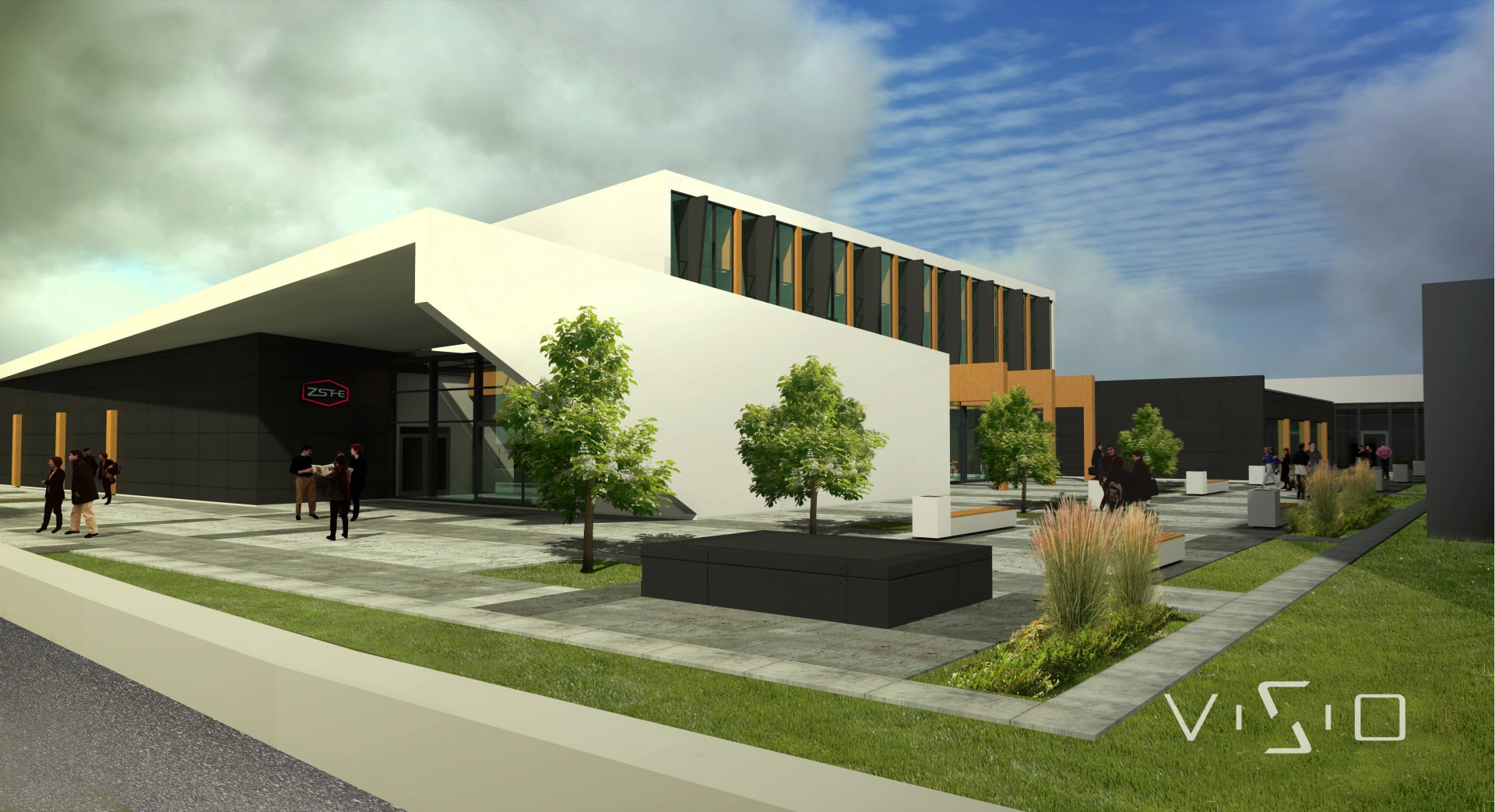 Wizualizacja budynku z nowoczesną architekturą, z elementami czerni i bieli, otoczonego zielenią i ludźmi, w słoneczny dzień.