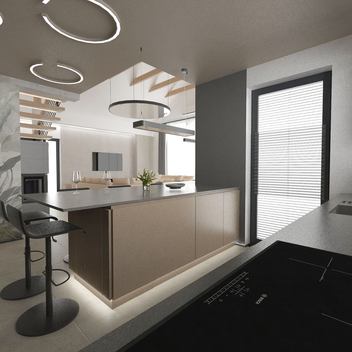 Wizualizacja nowoczesnej kuchni z wyspą, hokerami i oświetleniem LED pod szafkami, widok z perspektywy płyty indukcyjnej Bosch, w tle salon z telewizorem i sofą.