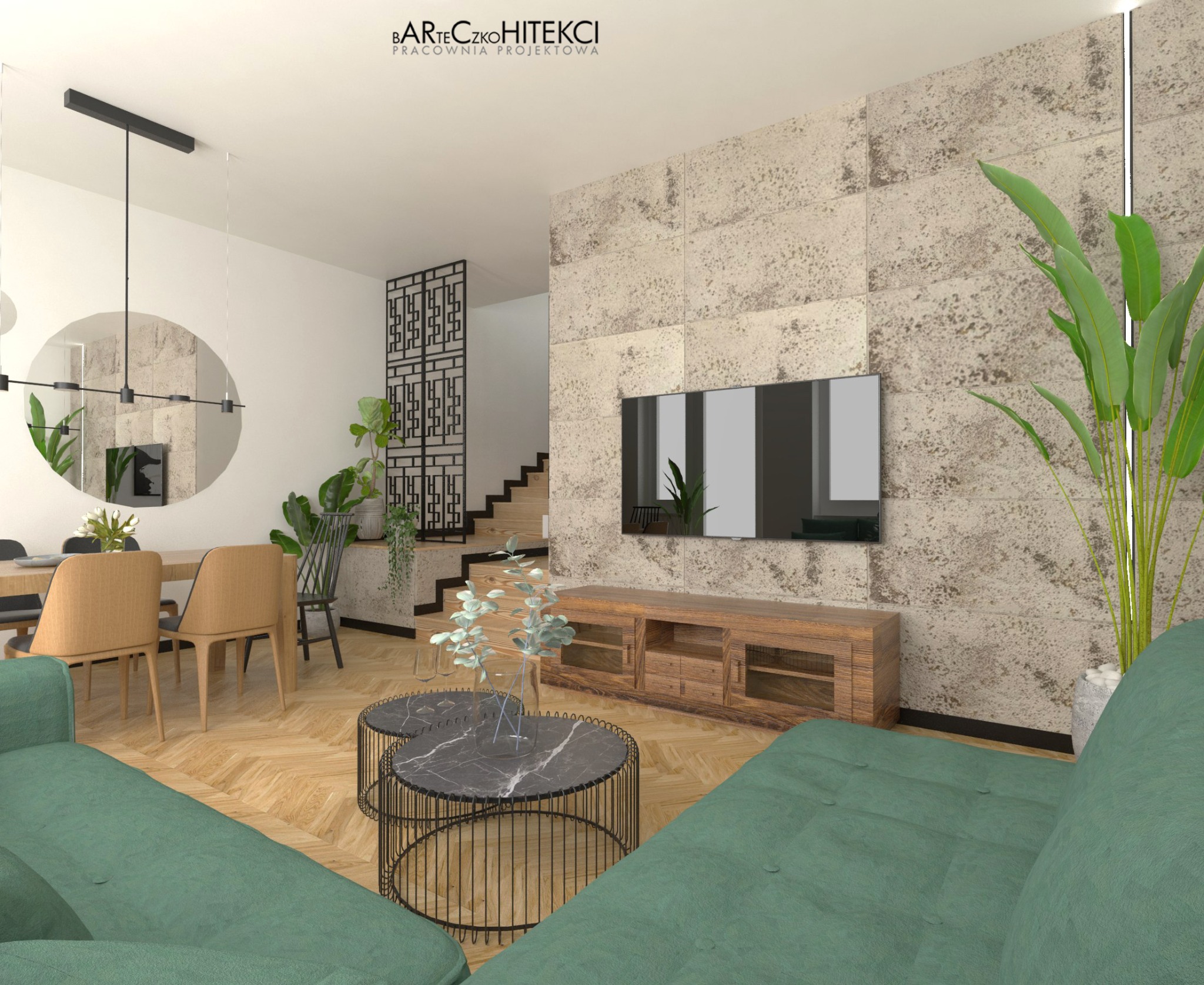 Wizualizacja salonu z zieloną sofą, stolikami kawowymi z marmurowymi blatami, drewnianą szafką RTV pod telewizorem na ścianie z dekoracyjnej płyty, oraz jadalnią z okrągłym lustrem w tle. Widoczne...