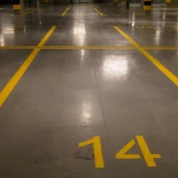 Szara powierzchnia parkingu podziemnego z ż&oacute;łtymi liniami wyznaczającymi miejsca postojowe i numerem '14' na jednym ze stanowisk.
