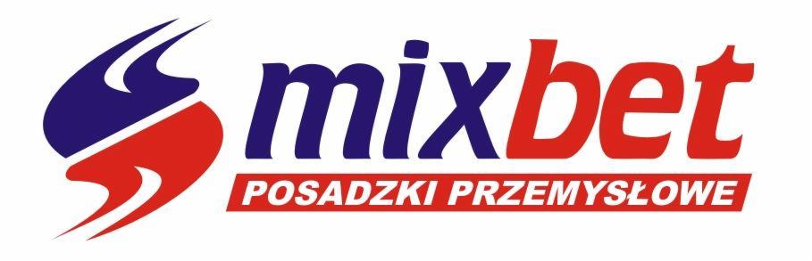 Logo firmy Mixbet specjalizującej się w posadzkach przemysłowych, z dynamicznym symbolem graficznym w kolorach granatowym i czerwonym, oraz nazwą firmy w tych samych kolorach nad napisem 'POSADZKI...
