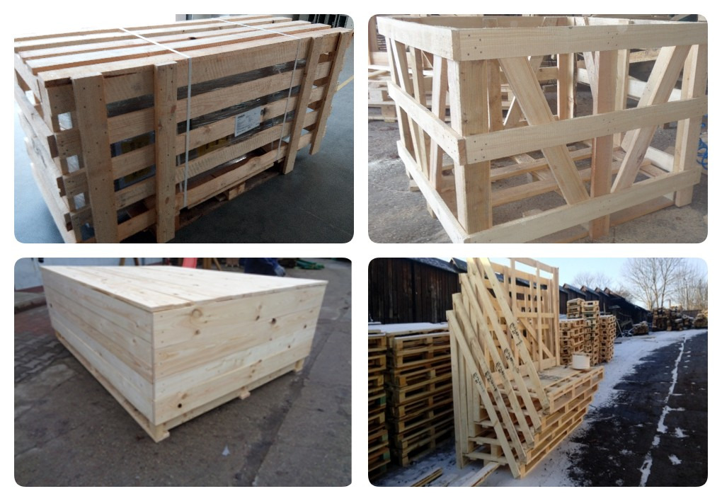 Cztery ujęcia drewnianych palet i skrzyń transportowych, ukazujące różnorodność konstrukcji i zastosowań w transporcie i magazynowaniu.