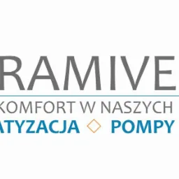 Logo firmy Ramivent: niebieski symbol, szary napis 'RAMIVENT', hasło 'Twój komfort w naszych rękach', klimatyzacja i pompy ciepła w kolorze niebieskim.