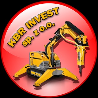 Grafika przedstawia żółtą maszynę budowlaną Brokk z młotem hydraulicznym na czerwonym tle w okręgu z czarną obwódką. Na okręgu umieszczony jest napis 'KBR INVEST sp. z o.o.'