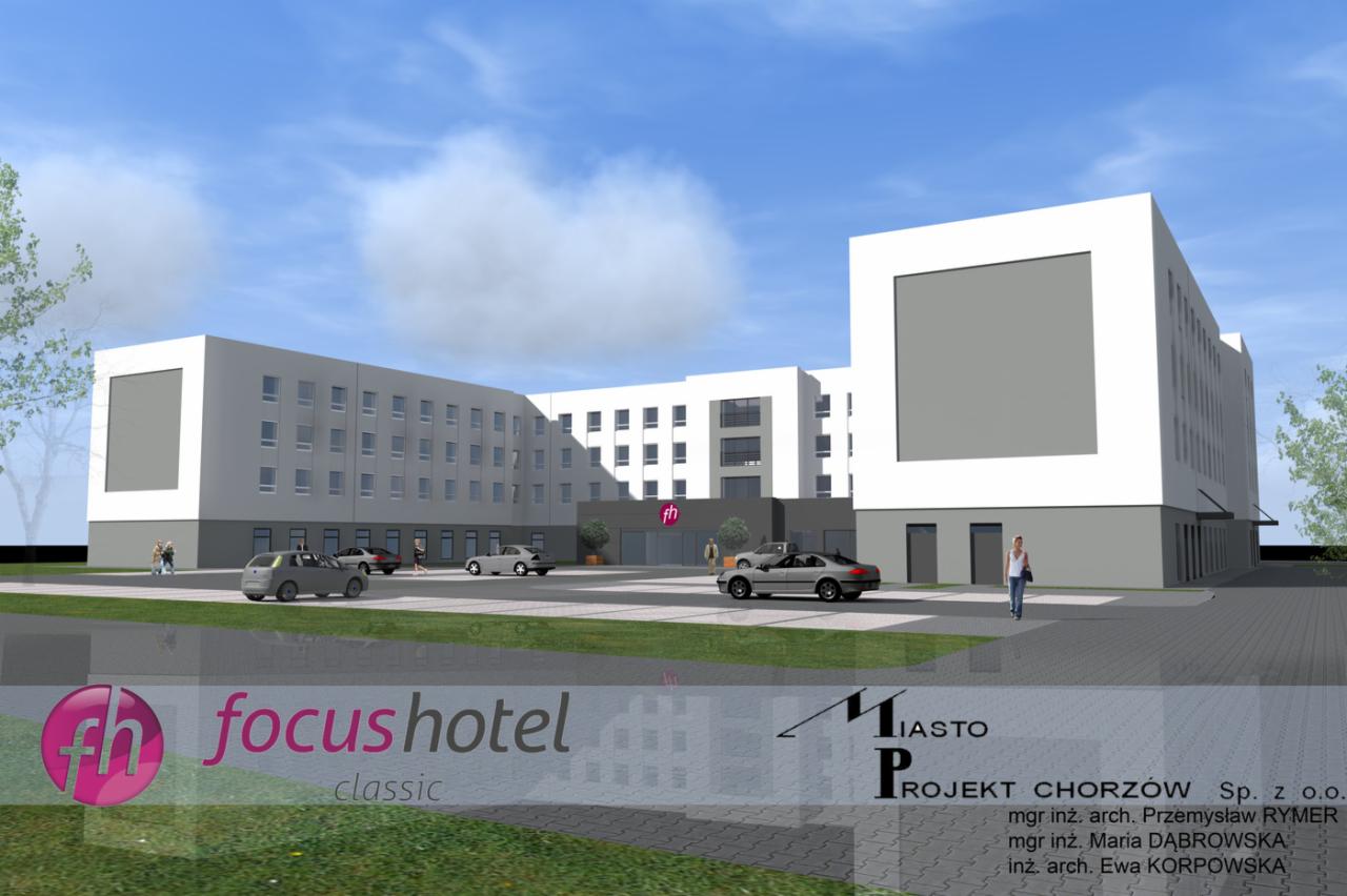 Wizualizacja projektu architektonicznego nowoczesnego hotelu z parkingiem i zielenią, prezentująca elewację w odcieniach bieli i szarości.