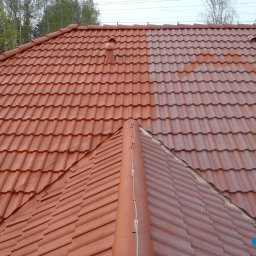 Piotr Marczyk - Częściowo umyty dach z czerwonej dachówki karpiówki, widoczne różnice w kolorze, zarys drzew w tle. Dach po lewej stronie jest czysty, po prawej brudny.