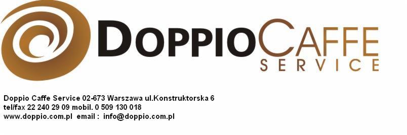 Logo Doppio Caffe Service z adresem i danymi kontaktowymi. Brązowo-czarna kolorystyka. Spiralny symbol kawy. Tekst: Doppio Caffe Service.