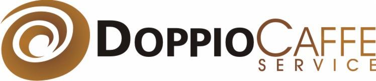 Logo firmy Doppio Caffe Service z abstrakcyjnym symbolem kawy w kolorze brązowym, czarnym i beżowym.