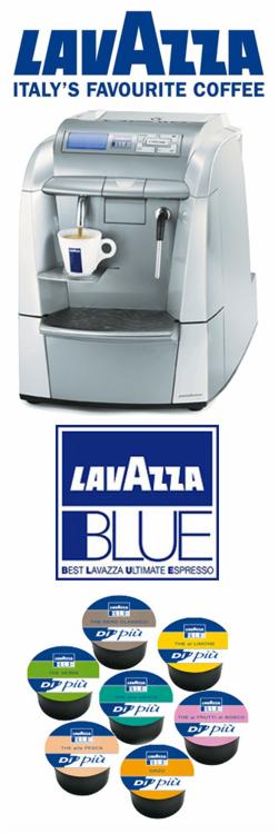Srebrny ekspres do kawy marki Lavazza z filiżanką espresso, logo Lavazza Blue oraz kapsułki z różnymi smakami kawy Di più.