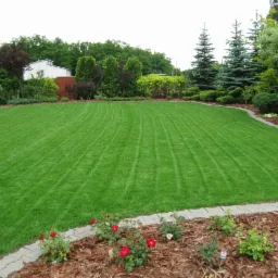 Perfekcyjnie skoszony trawnik z regularnymi pasami, otoczony rabatami z korą i kwitnącymi różami. W tle różnorodne drzewa i krzewy.
