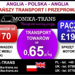Grafika reklamowa firmy Monika-Trans oferującej transport i przeprowadzki między Anglią a Polską. Informacje o cenach transportu towarów, przeprowadzek i paczek.
