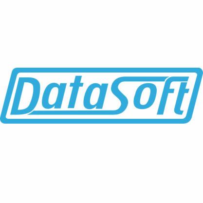 Błękitne logo firmy DataSoft w zaokrąglonej ramce, na białym tle.