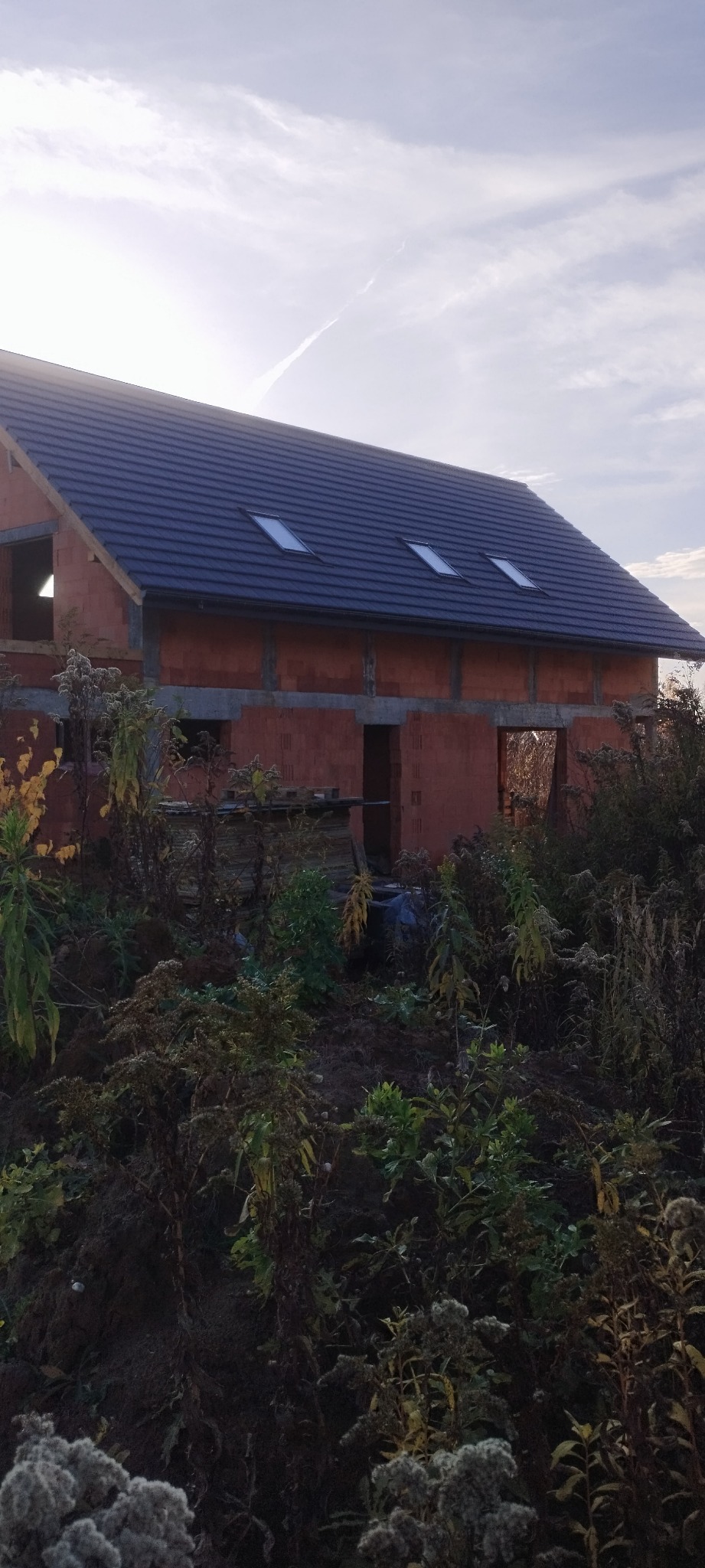Surowy dom z czerwonej cegły z ciemnym dachem i trzema oknami dachowymi, otoczony zielenią. Budowa w toku, widok z dołu na tle jasnego nieba.