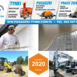 Kompozycja zdjęć: Aplikacja tynku maszynowego przez pracownika, maszyny do posadzek jastrychowych, ogrzewanie podłogowe zalane jastrychem, koparka oraz logo 'Najlepsi 2020 Oferteo' i dane...