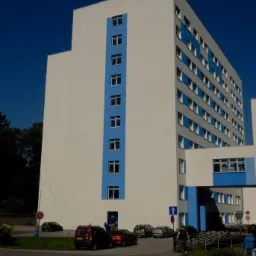 Wysoki budynek z białymi ścianami i niebieskimi akcentami okiennymi, widziany z dołu, z zaparkowanymi samochodami i zielenią w tle.