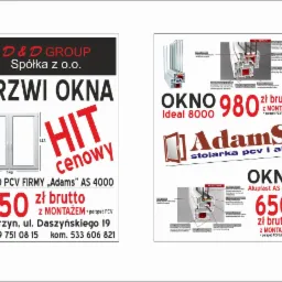 Ulotka reklamowa firmy D&D Group Spółka z o.o. oferującej okna i drzwi, prezentująca przekroje okien oraz promocje cenowe z montażem i parapetem PCV.