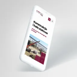 Prezentacja strony internetowej na smartfonie, promującej konstrukcje i hale stalowe firmy KON-STAL z widocznym logo i zdjęciem realizacji z żurawiem.
