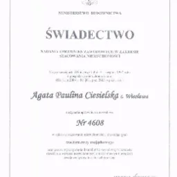Skan świadectwa nadania uprawnień zawodowych w zakresie szacowania nieruchomości, wydany przez Ministerstwo Budownictwa dla Agaty Pauliny Ciesielskiej, nr 4608, Warszawa, 4 października 2007.