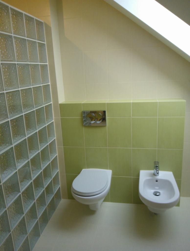 Wykończona łazienka z toaletą podwieszaną, bidetem i ścianką z luksferów, oświetlona światłem wpadającym przez okno dachowe.