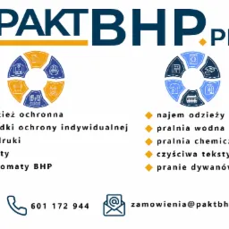 Logo firmy Pakt BHP.pl z ikonami odzieży ochronnej, nadruków, haftów i pralni.  Numer telefonu i adres e-mail kontaktowy na białym tle.