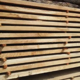 Stos jasnej, świeżo przetartej tarcicy budowlanej z drewnianymi przekładkami, ułożony na zewnątrz, widoczne fragmenty kory na belkach w tle.