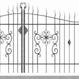 Kute, dwuskrzydłowe bramy wjazdowe z dekoracyjnymi elementami roślinnymi i falistymi wykończeniami górnej krawędzi, widziane na białym tle.