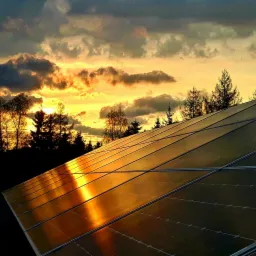 Panel słoneczny odbijający zachód słońca, drzewa w tle, pochmurne niebo z promieniami słonecznymi.