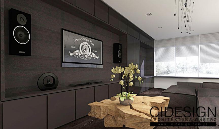 Nowoczesny salon z ciemnymi meblami, drewnianym stolikiem kawowym o nieregularnym kształcie i dużym telewizorem wyświetlającym logo Metro-Goldwyn-Mayer.