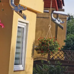 Żółty dom z oryginalnymi rynnami w kształcie smoczych głów, z wiszącą donicą z kolorowymi kwiatami, widziany zza drewnianego płotu.