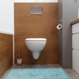 Nowoczesna łazienka z drewnianą okładziną ścienną, podwieszaną toaletą i błękitnym dywanikiem. Minimalistyczny design z elementami drewna i bieli.