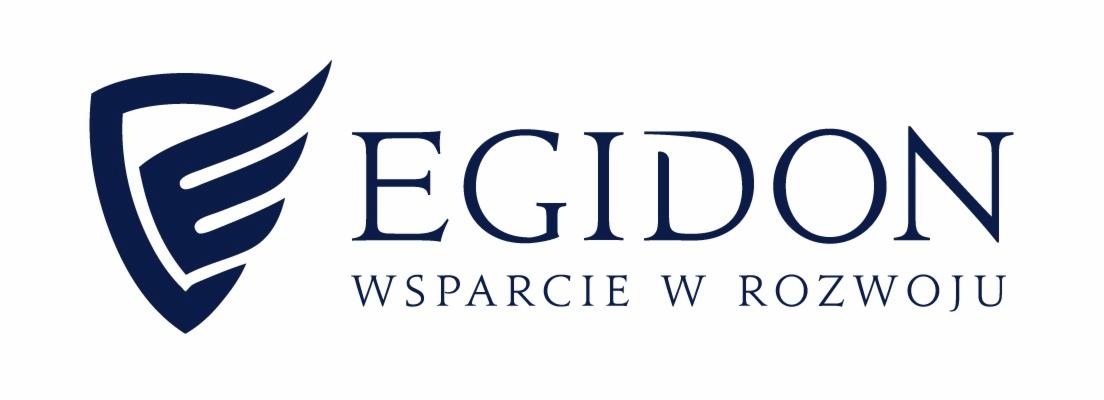 Eleganckie logo firmy EGIDON w kolorze granatowym, z symbolem tarczy i napisem 'WSPARCIE W ROZWOJU' na białym tle. Minimalistyczny design.