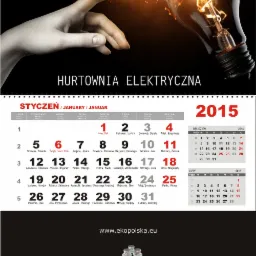 Kalendarz firmowy hurtowni elektrycznej z symboliczną żarówką i dłonią, podkreślający branżę. Rok 2015, logo EkoPolska Elektrotechnika i Inter Elektro.