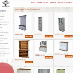 Zrzut ekranu strony internetowej meblarni prezentującej kolekcję mebli Hacienda Two-Color, z widocznymi miniaturami garderoby, regału, witryny, kredensu i komody wraz z cenami.