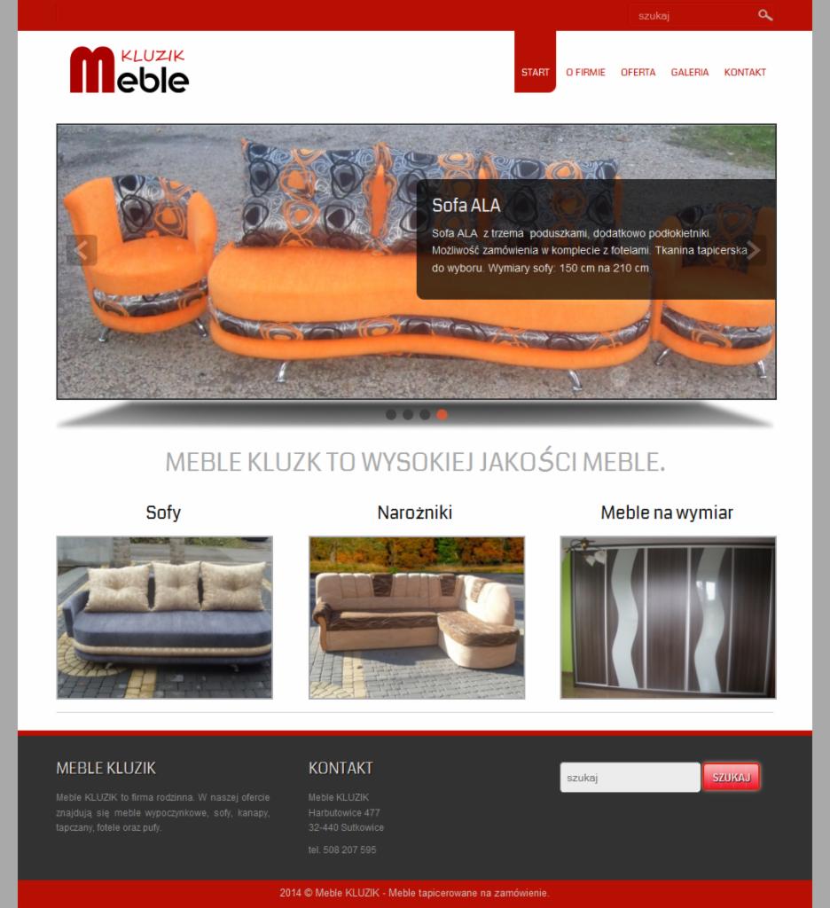 Strona internetowa producenta mebli tapicerowanych 'Meble Kluzik' z ofertą sof, narożników i mebli na wymiar. Pomarańczowa sofa ALA na banerze głównym.