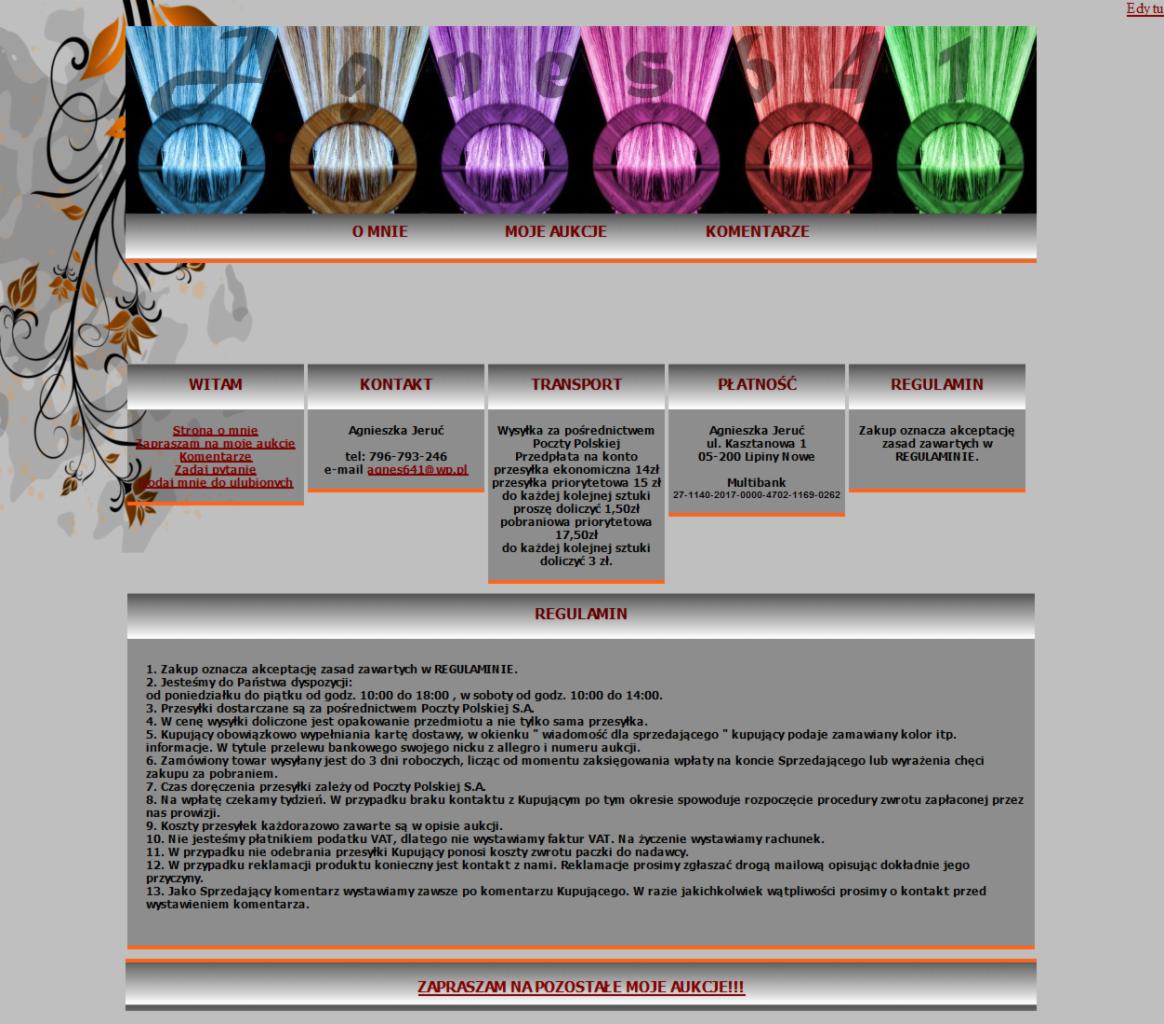 Grafika strony internetowej z zakładkami: O mnie, Moje aukcje, Komentarze. Zawiera dane kontaktowe, informacje o transporcie, płatności i regulamin aukcji.