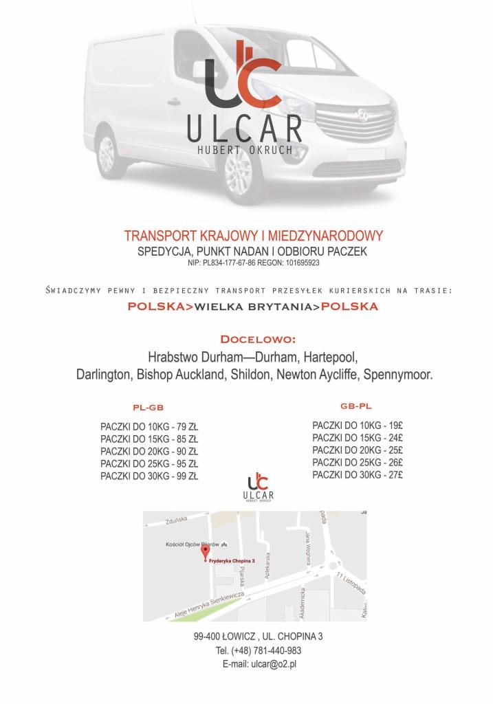 Ulotka reklamowa firmy transportowej Ulcar z Łowicza, oferującej krajowy i międzynarodowy transport paczek na trasie Polska-Wielka Brytania-Polska, z cennikiem i mapą dojazdu.