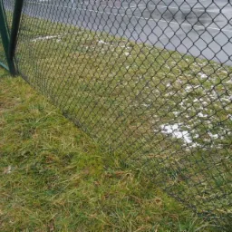 Fragment zielonej siatki ogrodzeniowej, widoczna trawa z resztkami śniegu i asfalt w tle.