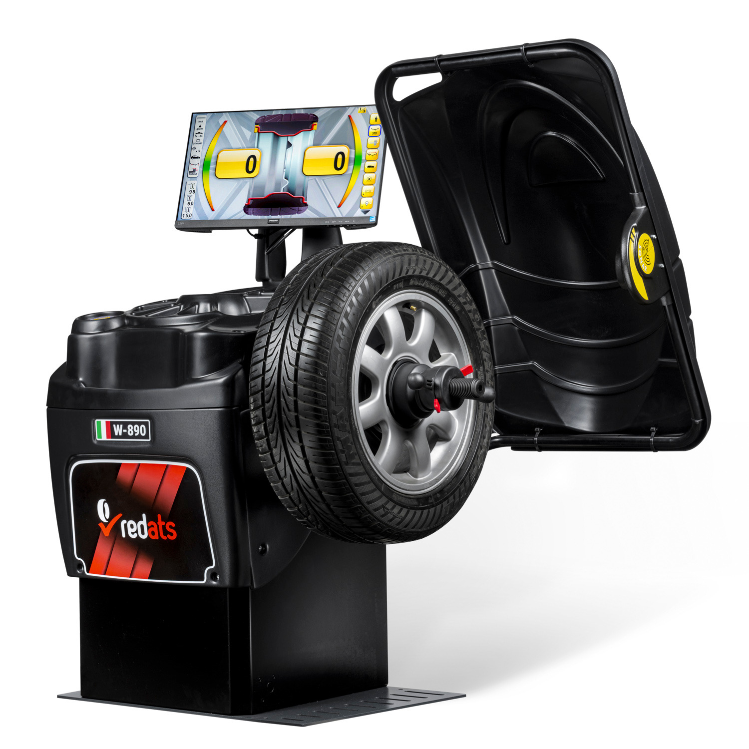 Wyważarka do kół z aluminiową felgą, wyświetlaczem i otwartą czarną osłoną ochronną, widoczne logo Vredats i oznaczenie W-890.