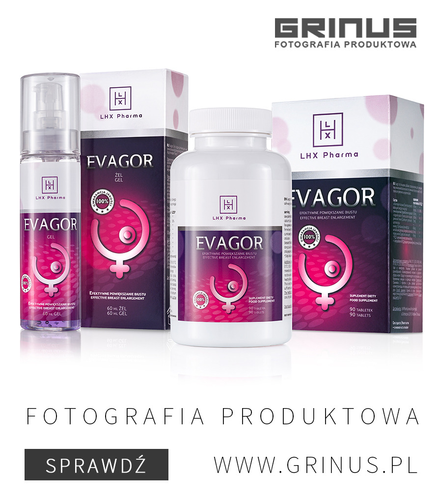 Zestaw produktów LHX Pharma Evagor: żel w butelce z pompką, pudełko żelu, butelka tabletek i pudełko tabletek, prezentowane na białym tle w studio fotograficznym.