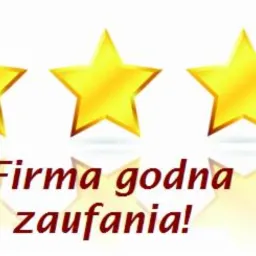 Grafika przedstawiająca pięć złotych gwiazdek z odbiciem lustrzanym i tekstem 'Firma godna zaufania!' w kolorze czerwonym.