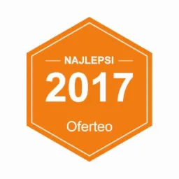 Pomarańczowa odznaka Oferteo z napisem 'Najlepsi 2017' na białym tle.